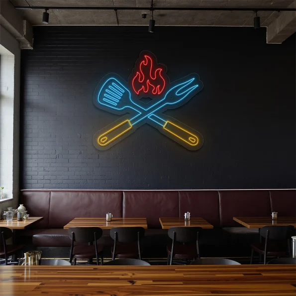 neon sign bbq grill tools with flame kitchen bar decor 3