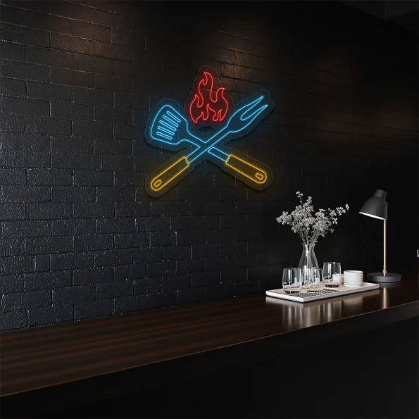 neon sign bbq grill tools with flame kitchen bar decor 4