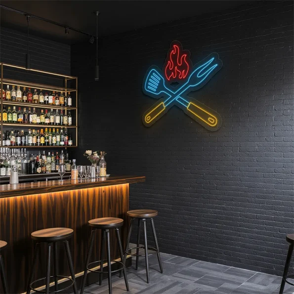 neon sign bbq grill tools with flame kitchen bar decor 6