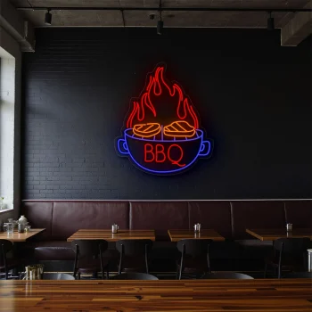 neon sign bbq grill with flame and steak icon restaurant decor 1