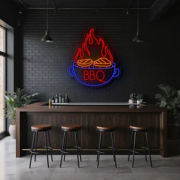 neon sign bbq grill with flame and steak icon restaurant decor 2