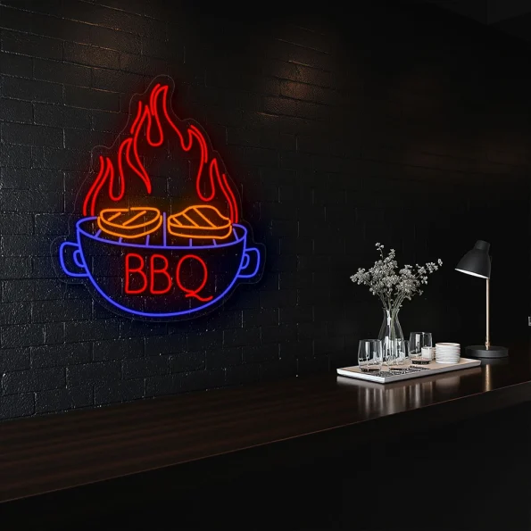 neon sign bbq grill with flame and steak icon restaurant decor 5