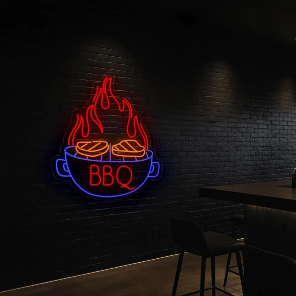 neon sign bbq grill with flame and steak icon restaurant decor 6