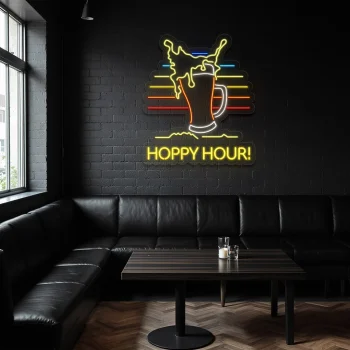 neon sign beer mug with hoppy hour text bar decor 2