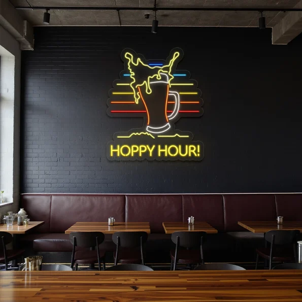 neon sign beer mug with hoppy hour text bar decor 3