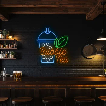 neon sign bubble tea cup with leaf bubble tea shop decor 1