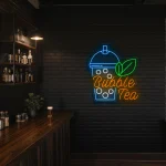 neon sign bubble tea cup with leaf bubble tea shop decor 1