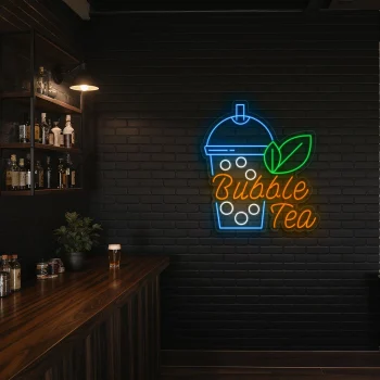neon sign bubble tea cup with leaf bubble tea shop decor 2
