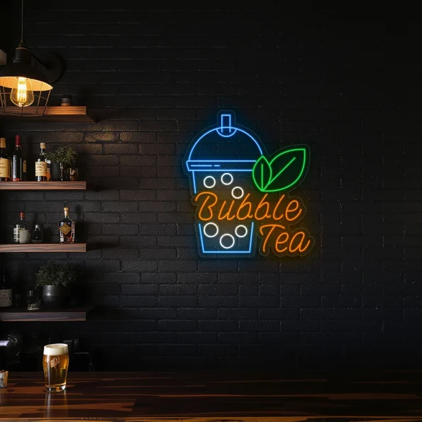 neon sign bubble tea cup with leaf bubble tea shop decor 3