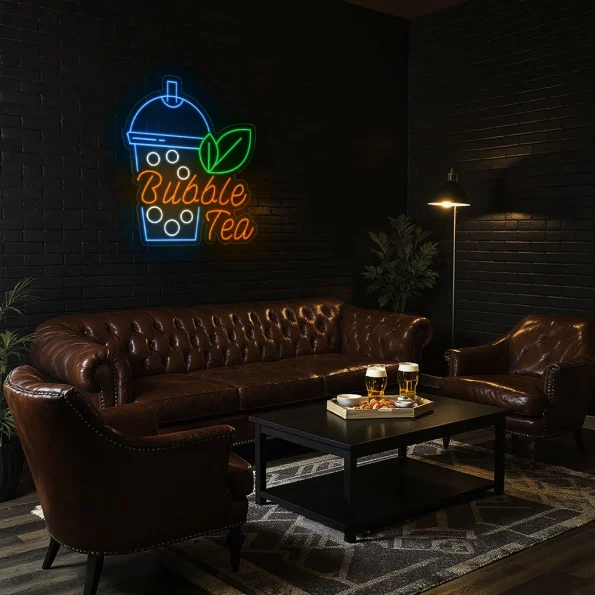 neon sign bubble tea cup with leaf bubble tea shop decor 4