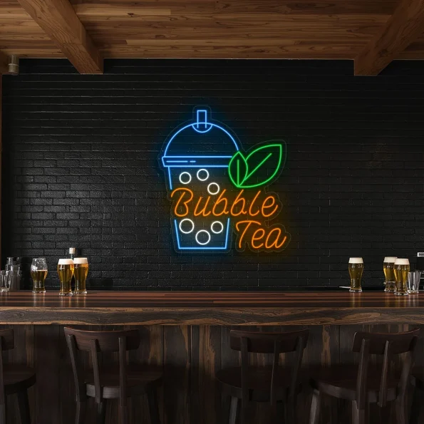 neon sign bubble tea cup with leaf bubble tea shop decor 5