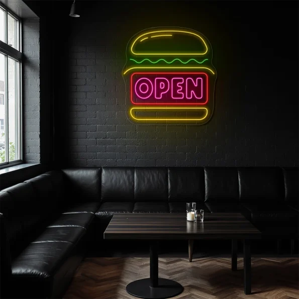 neon sign burger open fast food restaurant decor 1