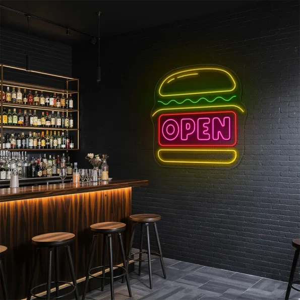 neon sign burger open fast food restaurant decor 5