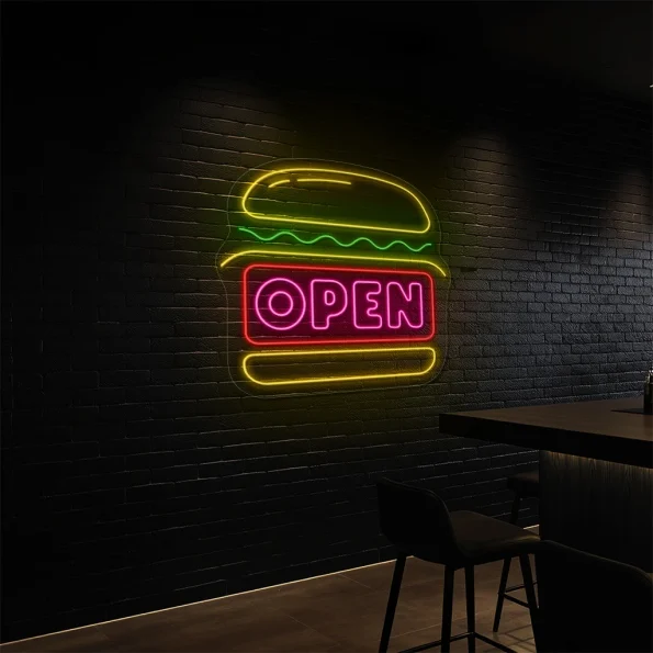 neon sign burger open fast food restaurant decor 6