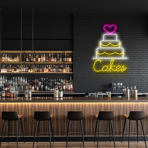 neon sign cake with heart topper and bakery decor 2