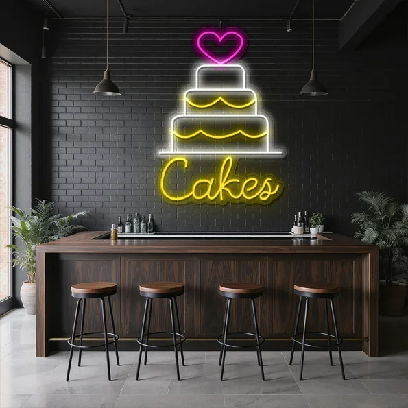 neon sign cake with heart topper and bakery decor 5