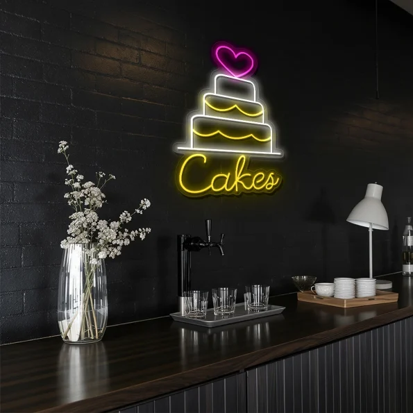 neon sign cake with heart topper and bakery decor 6