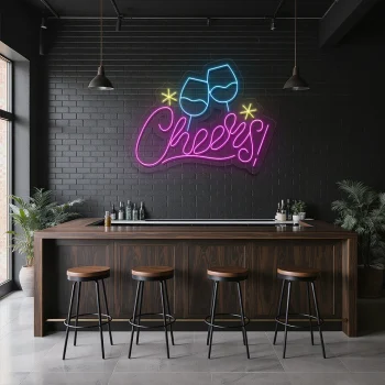 neon sign cheers text with clinking glasses bar decor 1