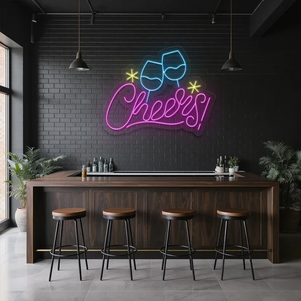 neon sign cheers text with clinking glasses bar decor 1