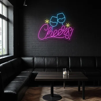 neon sign cheers text with clinking glasses bar decor 2