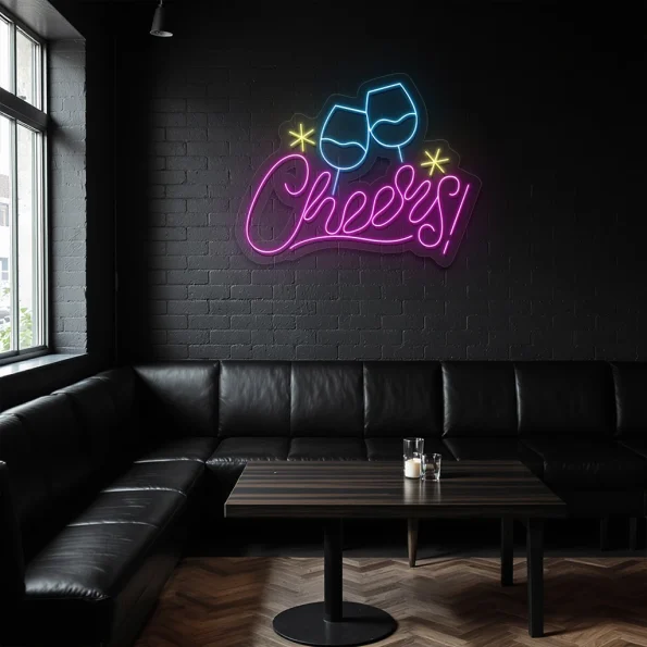 neon sign cheers text with clinking glasses bar decor 2