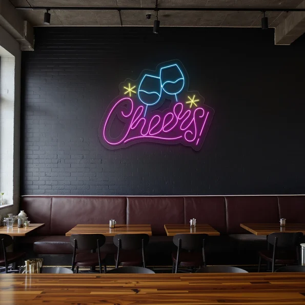 neon sign cheers text with clinking glasses bar decor 3