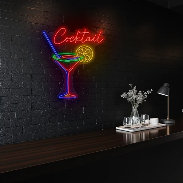 neon sign cocktail glass with lemon slice bar decor 4