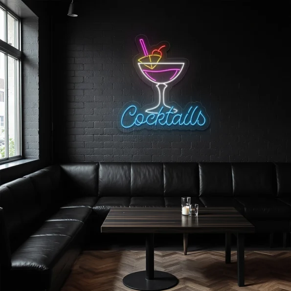 neon sign cocktail glass with straw bar decor 2