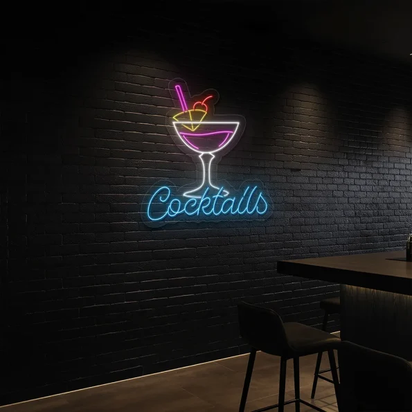 neon sign cocktail glass with straw bar decor 5