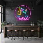 neon sign cocktails bar decor with colorful drink glasses 1