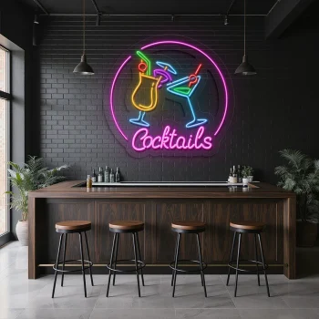 neon sign cocktails bar decor with colorful drink glasses 1