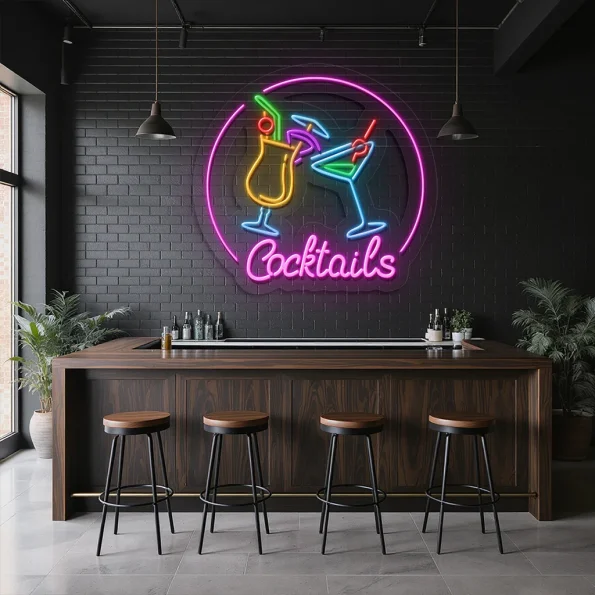 neon sign cocktails bar decor with colorful drink glasses 1
