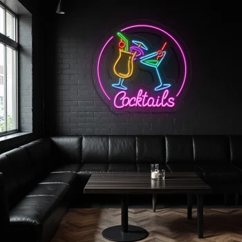 neon sign cocktails bar decor with colorful drink glasses 2