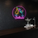 neon sign cocktails bar decor with colorful drink glasses 1