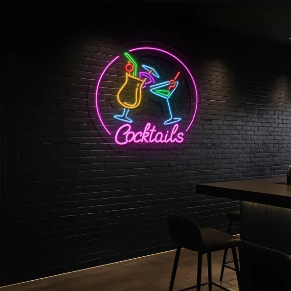 neon sign cocktails bar decor with colorful drink glasses 5