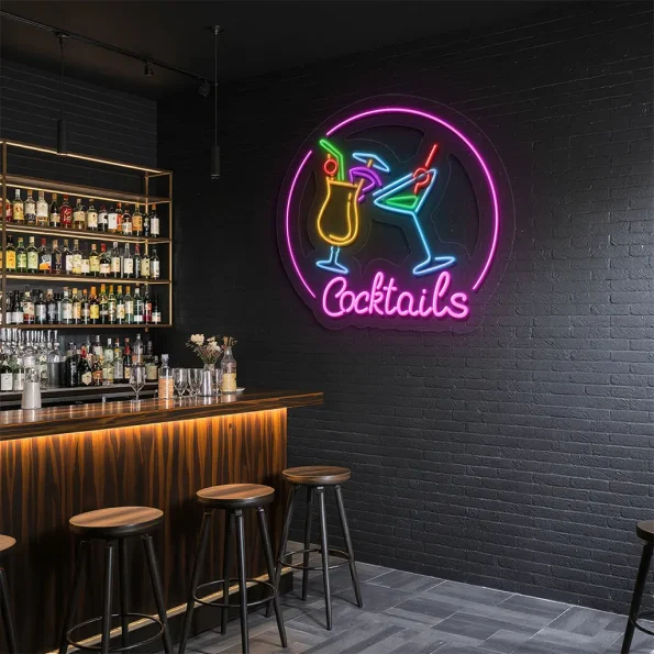 neon sign cocktails bar decor with colorful drink glasses 6