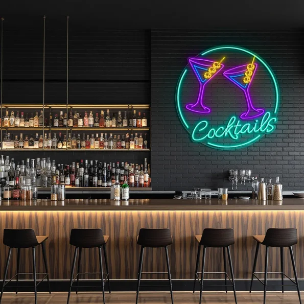 neon sign cocktails glasses bar decor 2