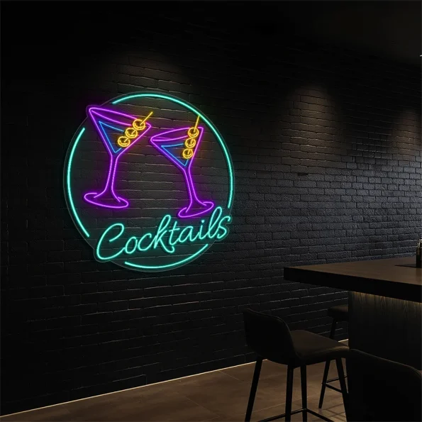 neon sign cocktails glasses bar decor 4