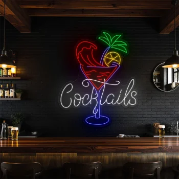 neon sign cocktails text with tropical drink bar decor 1