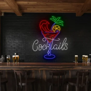neon sign cocktails text with tropical drink bar decor 2