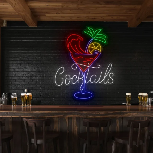 neon sign cocktails text with tropical drink bar decor 2