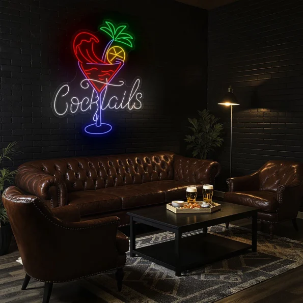 neon sign cocktails text with tropical drink bar decor 3