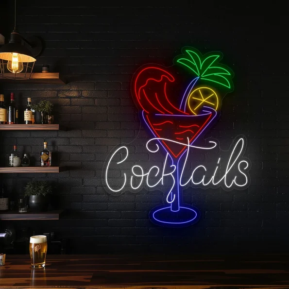 neon sign cocktails text with tropical drink bar decor 4