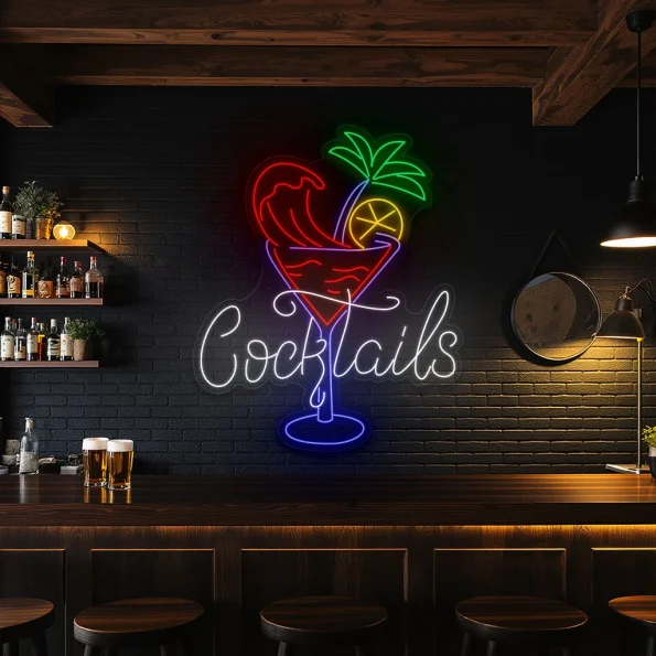 neon sign cocktails text with tropical drink bar decor 6