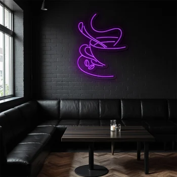 neon sign coffee cup outline with steam and beans wall decor 1