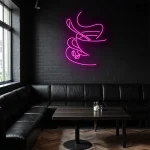 neon sign coffee cup outline with steam and beans wall decor 1