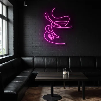 neon sign coffee cup outline with steam and beans wall decor 2