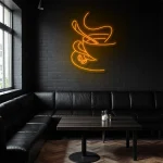 neon sign coffee cup outline with steam and beans wall decor 1