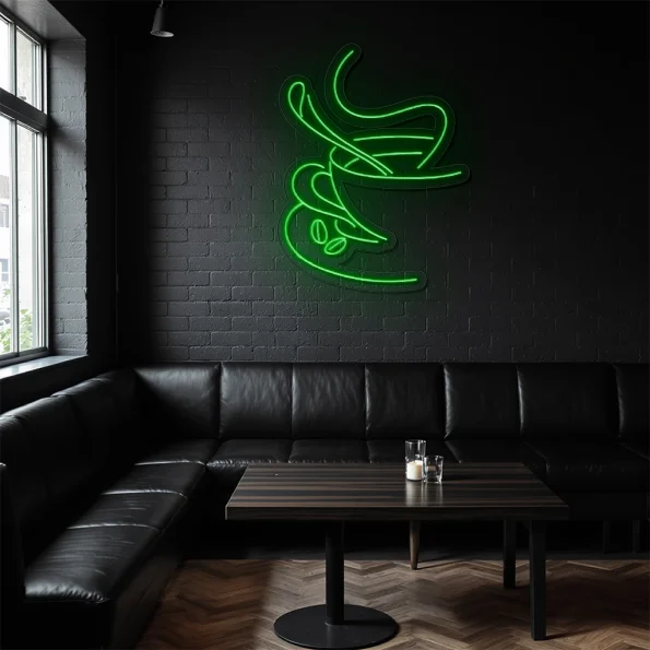 neon sign coffee cup outline with steam and beans wall decor 4