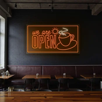 neon sign coffee cup we are open text cafe decor 1